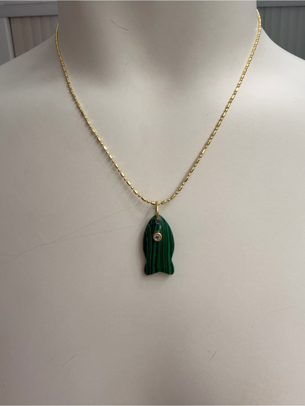 Gold Chain Necklace with Green Malachite Fish Pendant